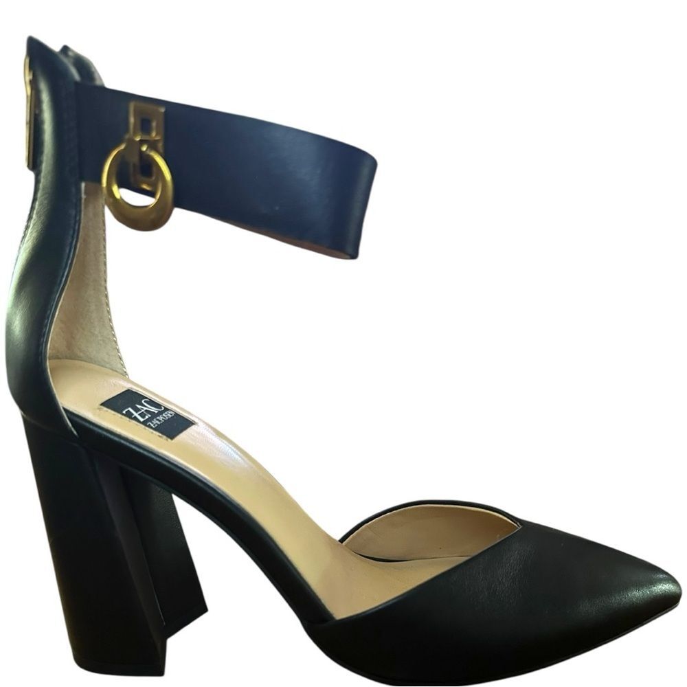 Zac Zac Posen size 6 Womens Black Pointed Toe Pump Block Heel gold Buckle